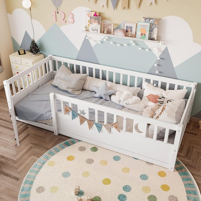Gutent-Kinderbed 90x190cm met ster-maan-decor-raster-wit-met-matras