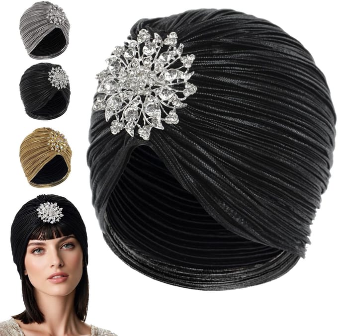 Dailygoods- Tulband Hoed - Dames - Afneembare Broche - Elastisch - Huidvriendelijk - Polyesterweefsel - Glitter Strass - Feesthoed