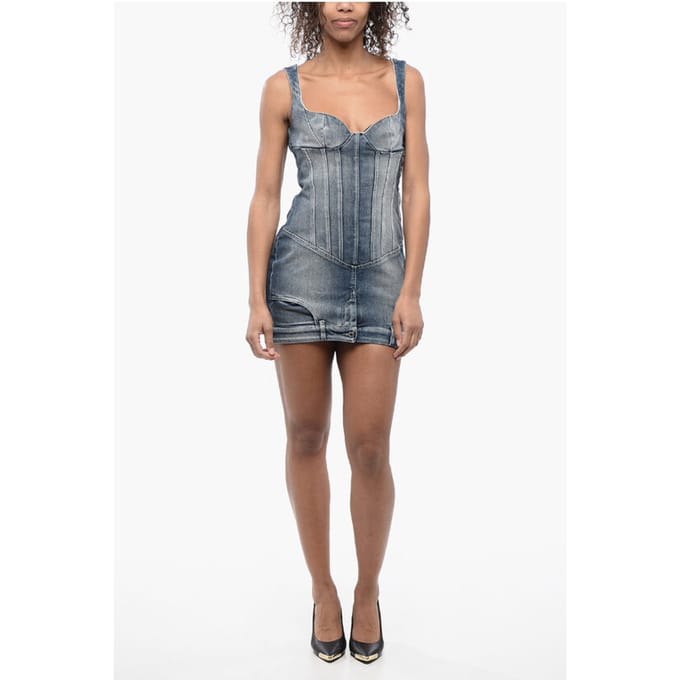 Denim mini-jurk met sweetheart-halslijn in blauw
