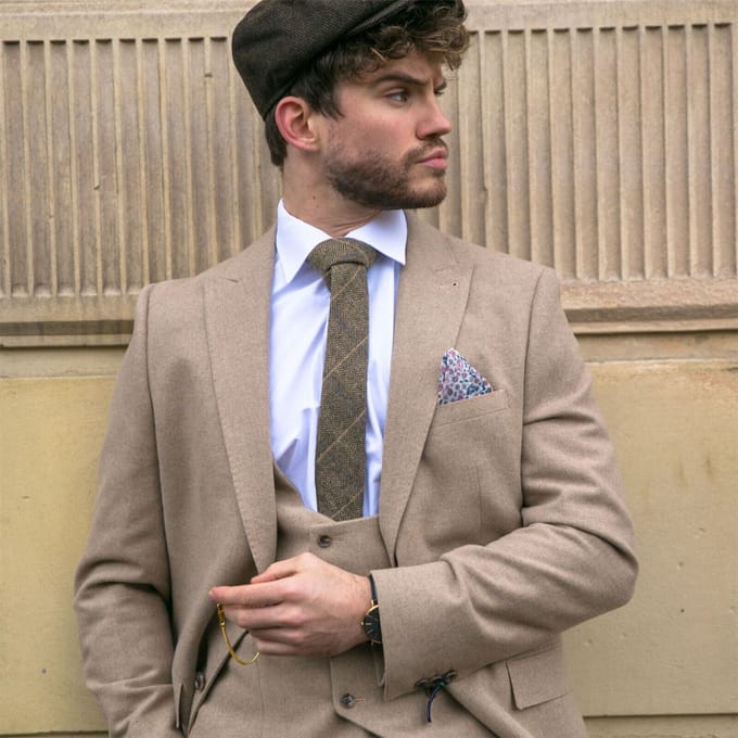 Heren tweed 3-delig beige formeel trouwpak