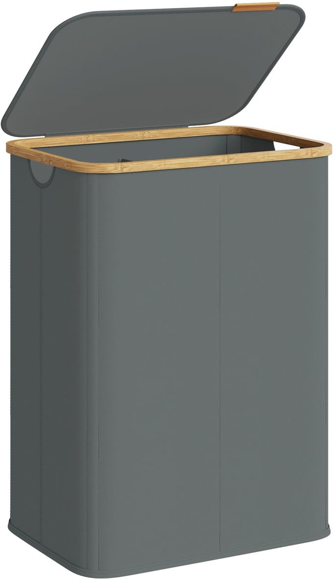 SONGMICS - Wasmand - Wasmand met Deksel - 2 Compartimenten - Opvouwbaar en Bamboe Frame