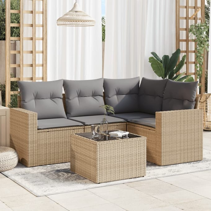 vidaXL - 5-delige - Loungeset - met - kussens - poly - rattan - beige