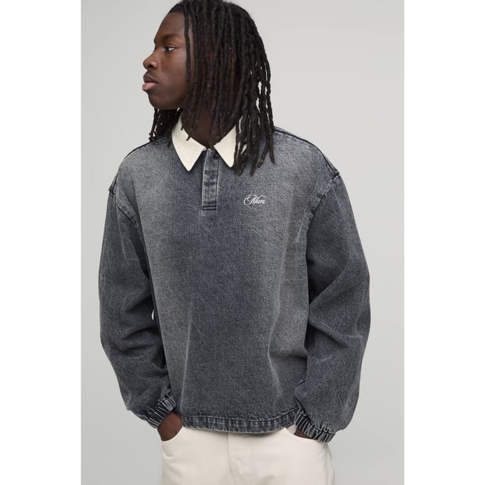 Geborduurd Gewassen Oversized Denim Rugby Shirt | Washed Black | Size Medium