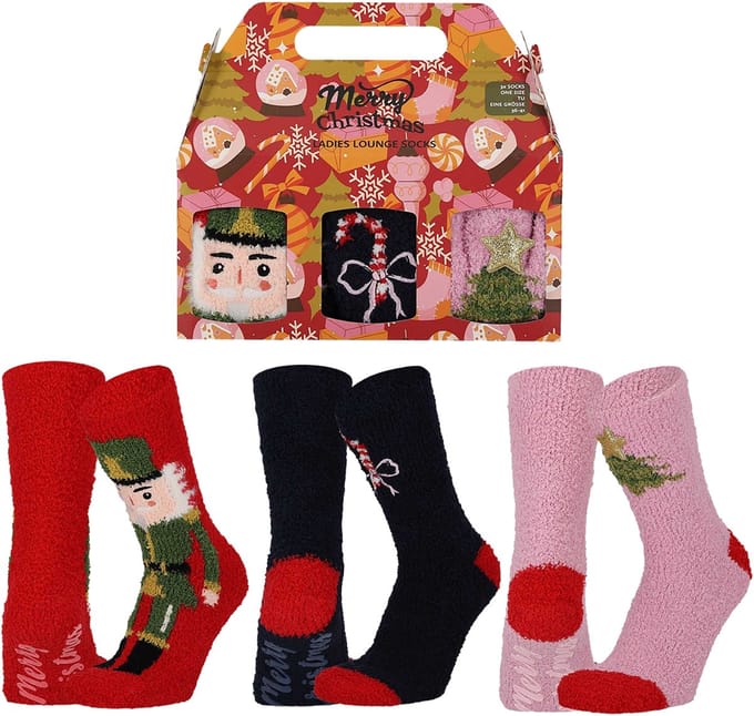 Apollo Dames Sokken Kerst Print Chenille Bedsokken Giftbox 3-Pack - Maat 36/41
