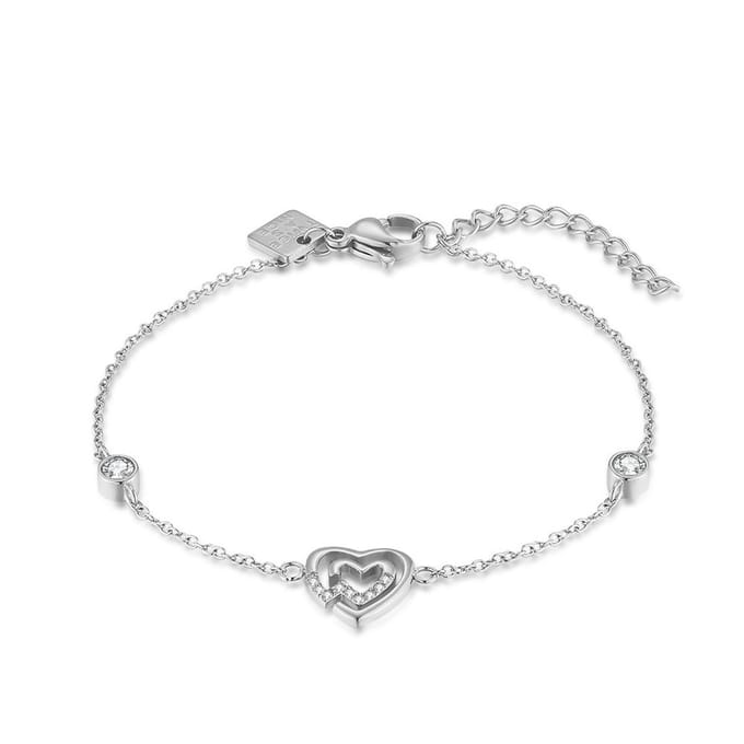 Twice As Nice Armband in edelstaal, dubbel hartje, steentjes 16cm+3cm