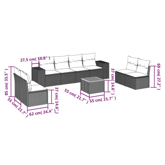vidaXL - 9-delige - Loungeset - met - kussens - poly - rattan - zwart
