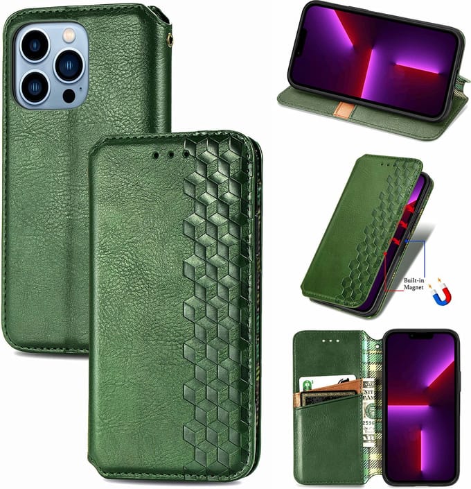Luxe PU Lederen Ruitpatroon Wallet Case + Screenprotector voor iPhone 13 Pro Max _ Groen