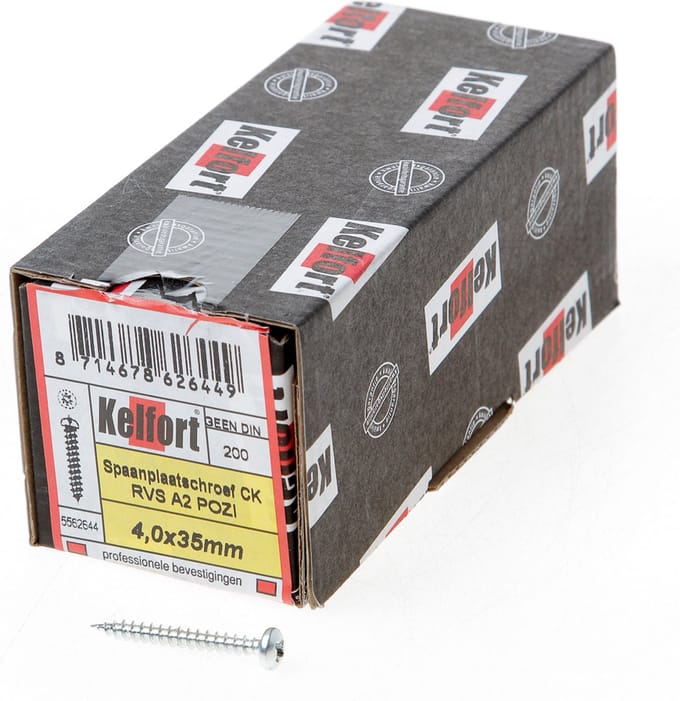 Kelfort Spaanplaatschroef cilinderkop RVS A2 pozidriv voldraad 4x35mm (per 200 stuks)