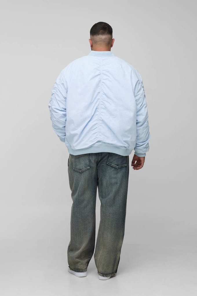 Plus Peached Embroidered MA1 Bomber Jacket | Baby Blue | Size 2XL
