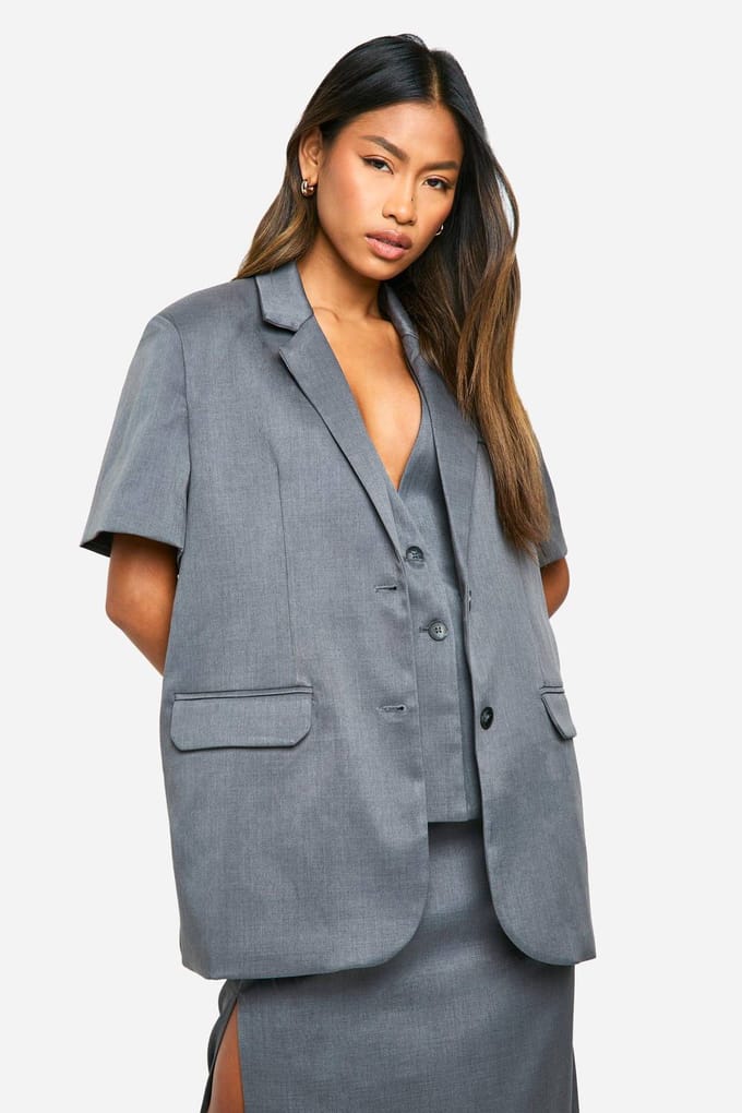boohoo Dames Marl blazer met schoudervulling, korte mouwen, oversized en lange snit | Houtskool | Maat: 34
