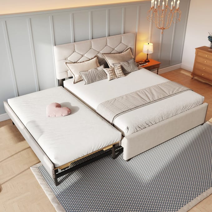 Sweiko Gestoffeerd bed - 140x200cm - Met uitschuifbaar bed - Zonder matras - Velvet - Beige