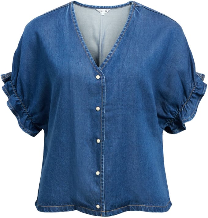 Object blauwe dames blouse   V-hals   Regular fit   Drukknoopsluiting   Duurzaam   Korte mouw Blauw 34