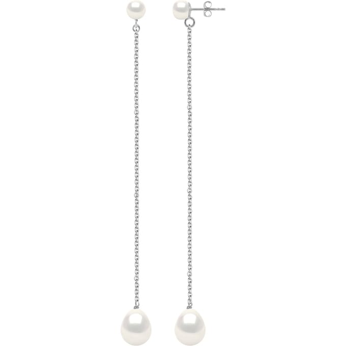 Twee Oorbellen Wit Goud - Echte Cultiveerde Zoetwaterperlen Knop 5-6 mm + Parel 8-9 mm