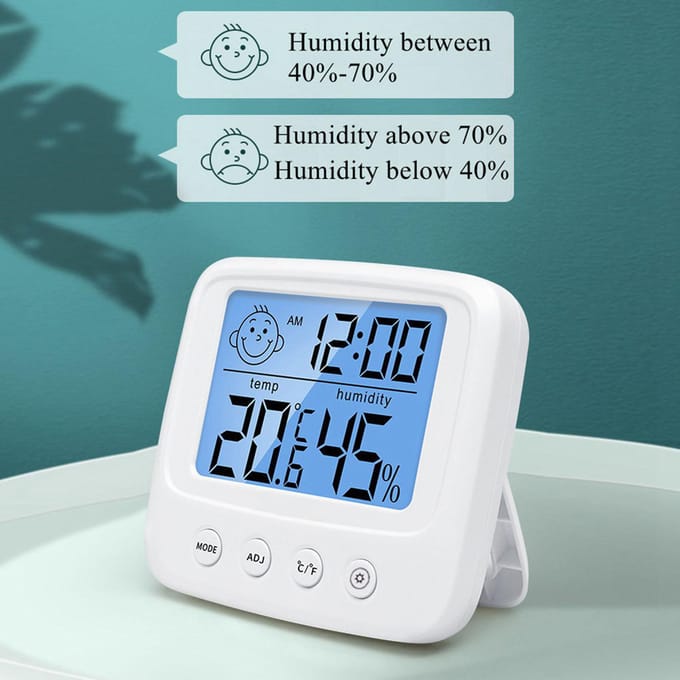 Thermomètre Hygromètre d'Intérieur Modèle Visage Souriant Alarme Affichage de la Date avec Rétroéclairage Pièce gray