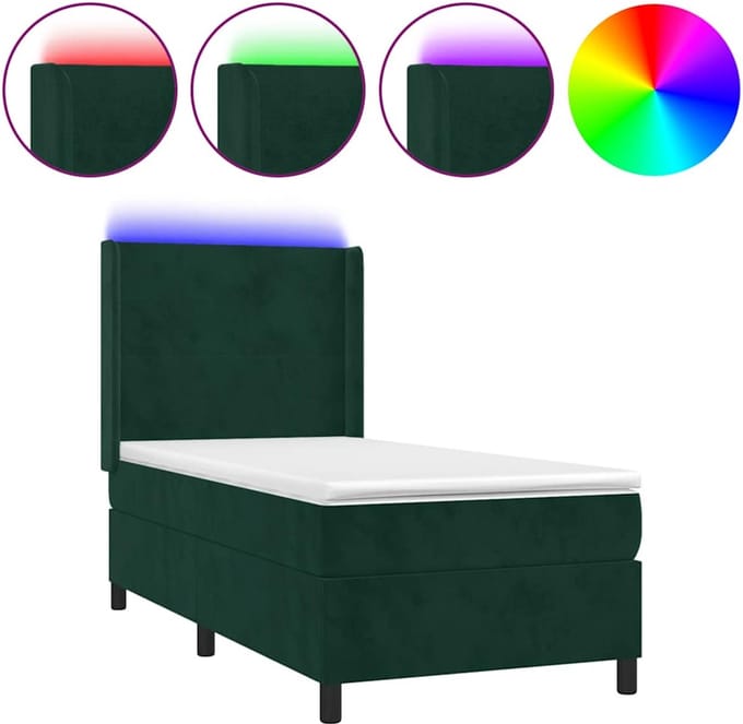vidaXL - Boxspring - met - matras - en - LED - fluweel - donkergroen - 90x190 - cm