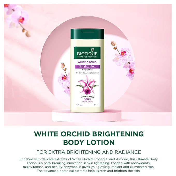 Lotion Corporelle Éclaircissante Orchidée Blanche Biotique 180ml Pour une Peau Éclatante Éclat Instantané Élimination du Bronzage white