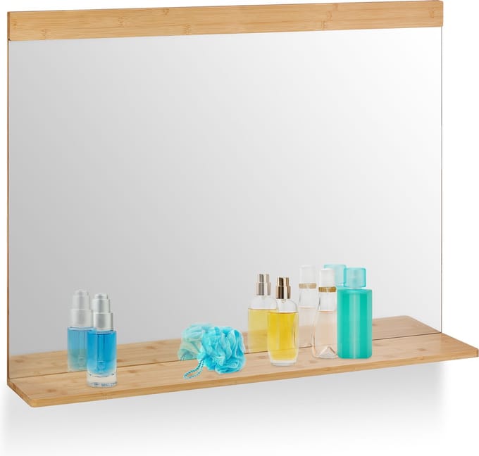 wandspiegel met plankje - bamboe - 68,5 x 90 cm - hangend - badkamerspiegel