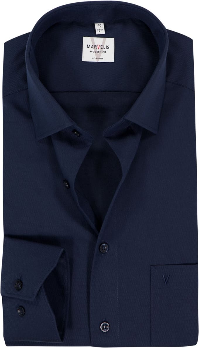 MARVELIS modern fit overhemd - structuur - donkerblauw - Strijkvrij - Boordmaat: 46 (EU maat: XXL)