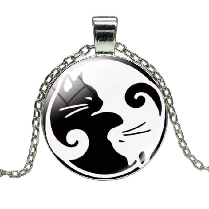 Fako Bijoux® - Ketting - Cabochon - Yin Yang - Poezen - Zwart/Wit