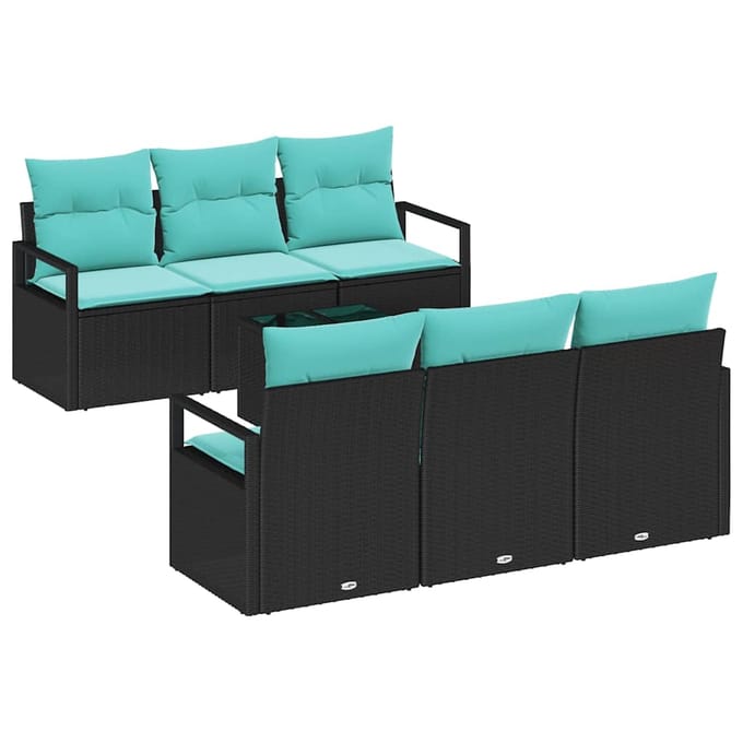 vidaXL Bankstel 7 st 6-zits Zwart en Turquoise poly rattan