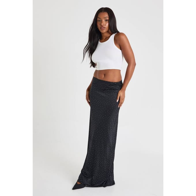 boohoo Dames Hotfix Slinky Maxirok met lage taille | Black | Maat: 10