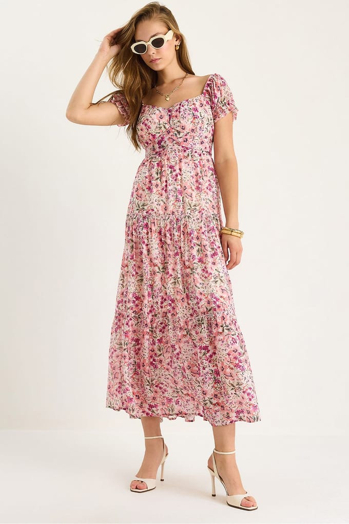 Midi-jurk met hartkraag en bloemenprint