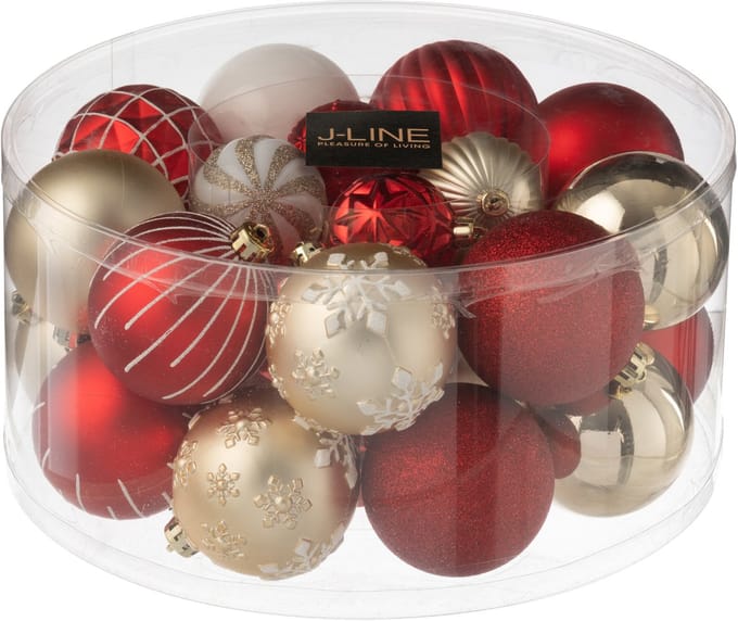 J-Line kerstbal - kunststof - rood/goud - doos van 30