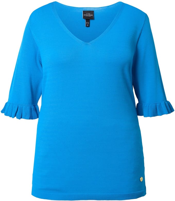 Ulla Popken - Dames - Trui V-hals korte mouwen met volants - Aqua - Maat 42+