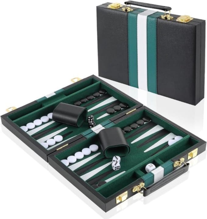 Thuys - Backgammon Koffer – Lederen Bordspel – Reisspel - Zwart met groen
