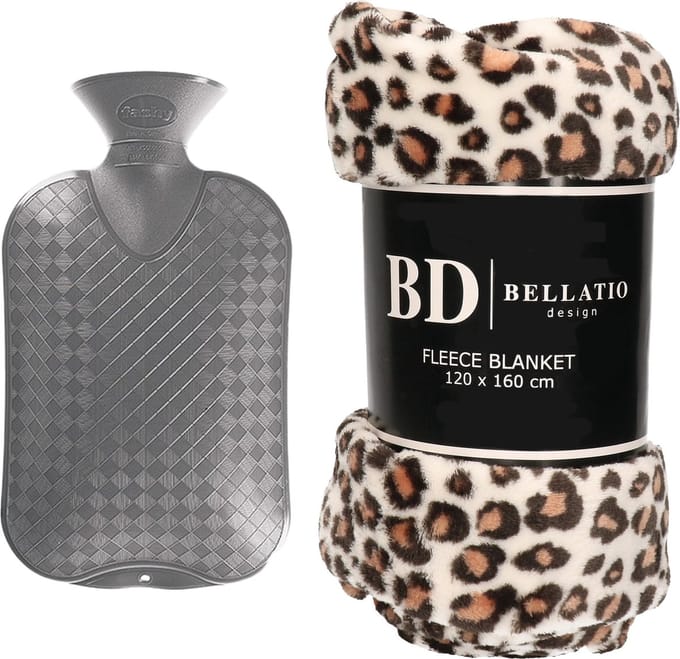 Bellatio Design - Fleece deken Luipaard 120x160 cm + warmwater kruik 2L