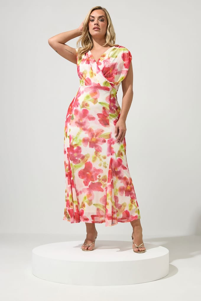 Yours London Witte Bloemenjurk Met Mesh En Godet Zoom Size 52