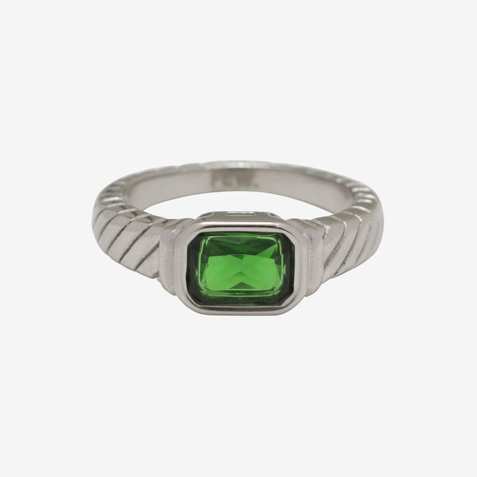 Essenza Green Stone Ring Silver Size 6