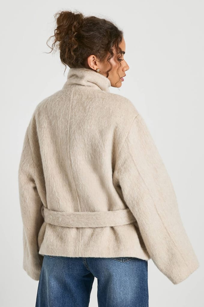 boohoo Dames Jas van wollen mix met ceintuur | Steen | Maat: 38