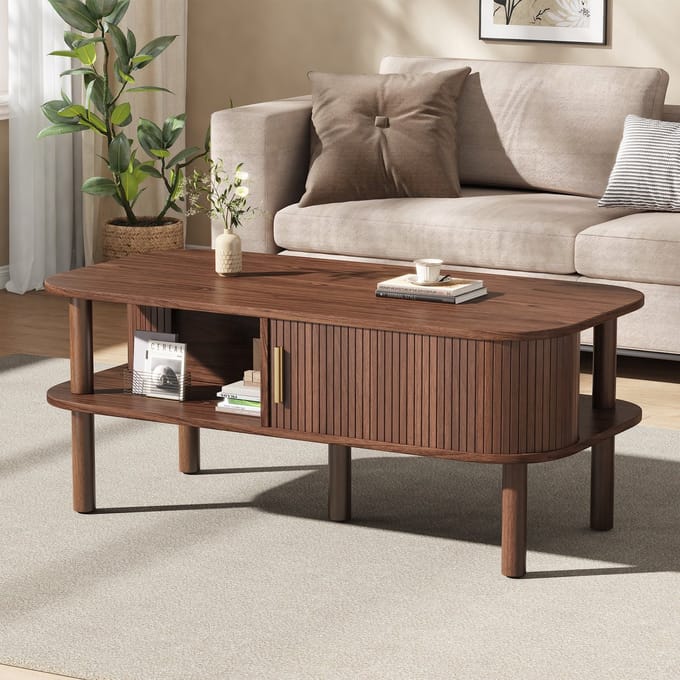 Sweiko Salontafel - MDF - 110 × 55 × 45 cm - Schuifdeuren - Open planken - Natuurlijke