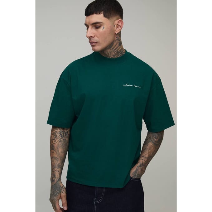 Lang Oversized Homme Heavyweight Verlengde Hals Boxy T-shirt | Forest | Size Medium