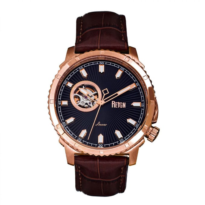 Reign Bauer automatisch semi-skelet lederen band horloge