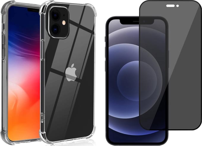 Hoesje geschikt voor iPhone 12 Mini - Transparant Siliconen Shockproof Case + Screen Protector Glas Privacy