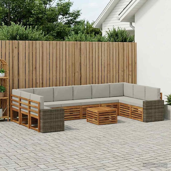 vidaXL - Buiten - bank - set - 11 - st - Naturel - en - lichtgrijs - Polyester