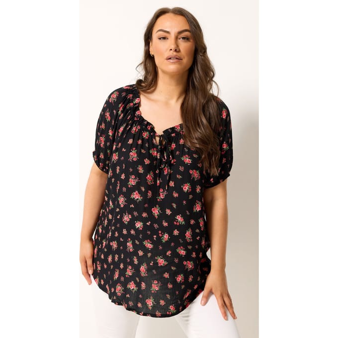 Yours Zwarte Bardottop Met Bloemenprint Size 42