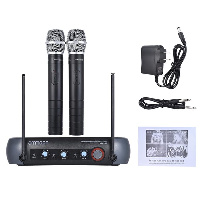 Ammoon Dual Channel VHF Draadloos Handmicrofoonsysteem met Echo Functie 2 Microfoons & 1 EU Plug