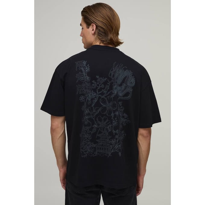 Zwart Oversized T-shirt Met Tonale Drakenprint | Black | Size 3XL