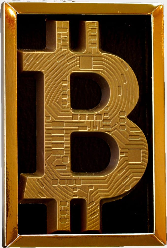 Bitcoin Chocolade | Crypto Chocoladeletter | Kleur Goud | Melkchocolade | 200 gram | Lindy's Patisserie
