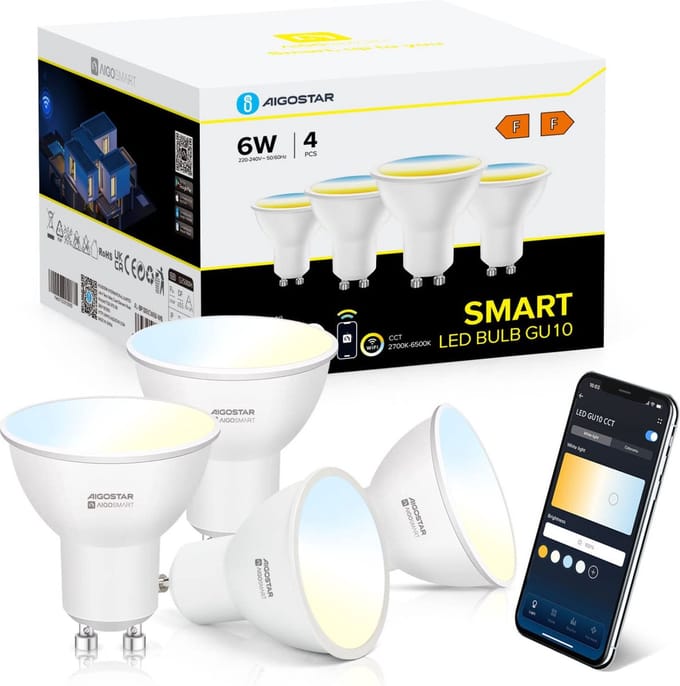 Aigostar 10FW6 - LED Lamp GU10 Dimbaar - Wifi LED Verlichting - Bluetooth - Warm Wit- 2700K-6500K - 6W - 4 stuks
