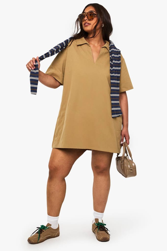 boohoo Dames Twill shiftjurk met pluskraag | Khaki | Maat: 16