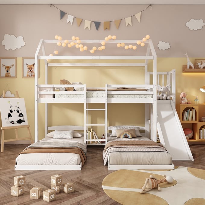 MODFU Kinder Stapelbed 90x200 cm – Met glijbaan, 3 slaapplaatsen & dakontwerp – Wit