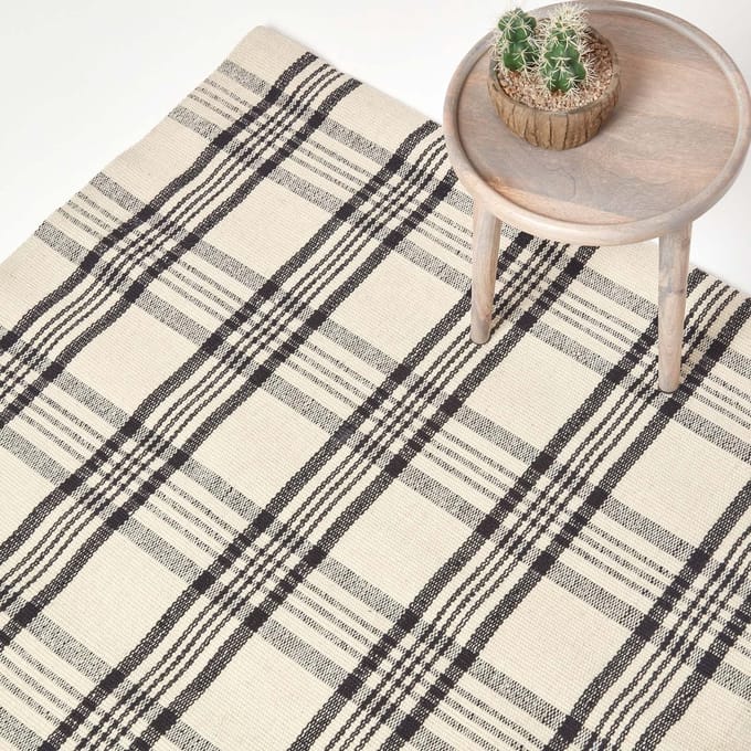 Homescapes Logan 100% wollen geruit antislipkleed, zwart en wit, 70 x 120 cm