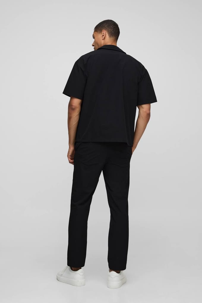 Regular Fit Technical Stretch Shirt & Tapered Trouser Set | Black | Size Medium