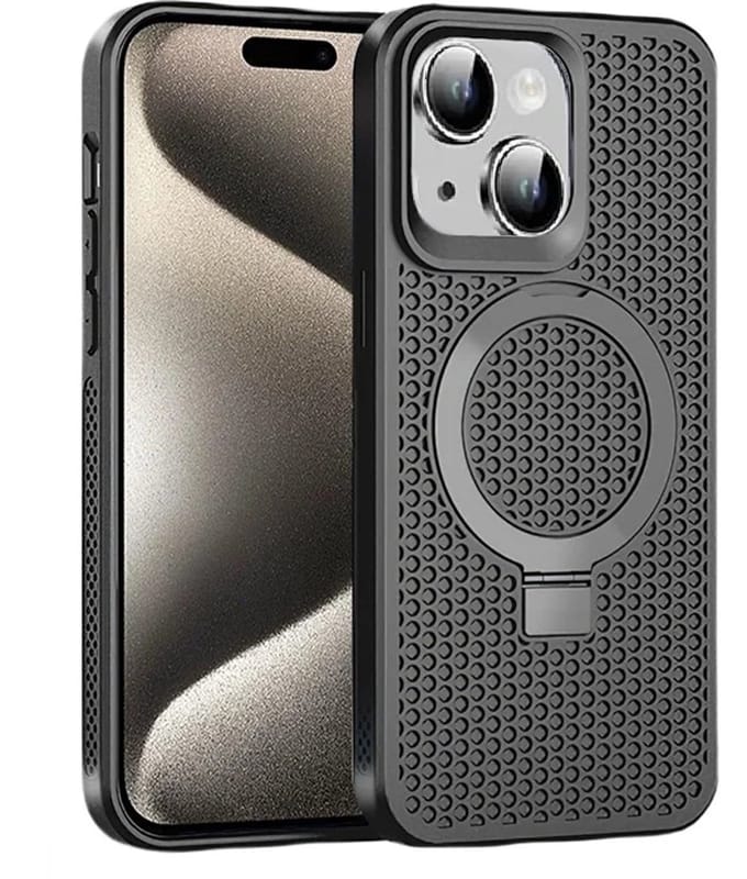 Cityhoesje - iPhone 15 Plus-14 Plus - Magnetic - Ring Holder Kickstand - Protective – Backcase - Zwart