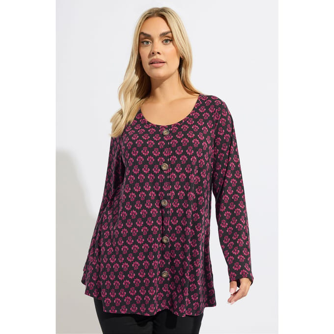 Yours Roze Geribbelde Swingtop Met Bloemenprint En Knoopjes Size 66-68