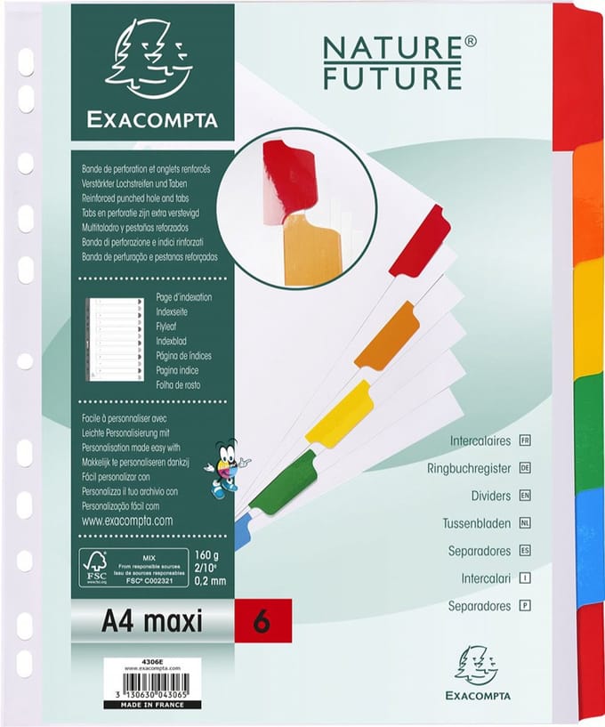 Exacompta Tabbladen karton 160g - geplastificeerde gekleurde tabs + index - 12 tabs - A4 maxi - Wit - 4312E